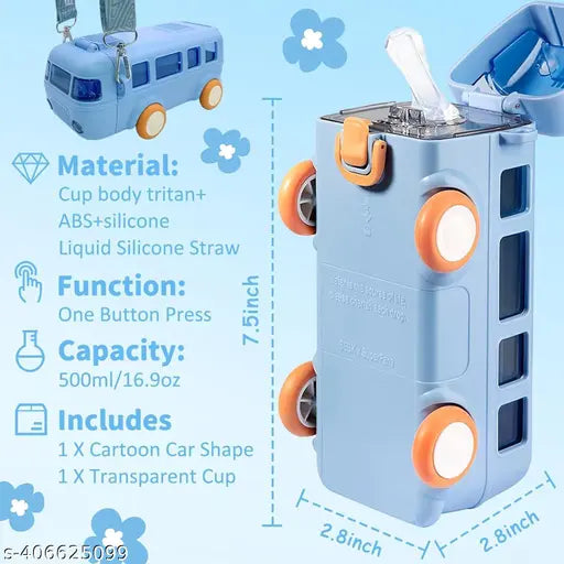 Bus Water Bottle | Straw and Strap - Leakproof Plastic Drinking Jug | Movable Wheels for Boys School Sports Camping Picnic Hiking Travel