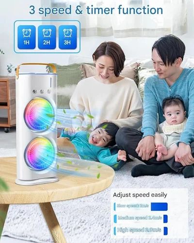Mist Fan with Humidifier, Remote Control, Mini Cooler For Home With 3 Speed Mode, Oscillating Swing LED Independent Control Dual Fan, Mist Fan With Water Spray, Multi Color