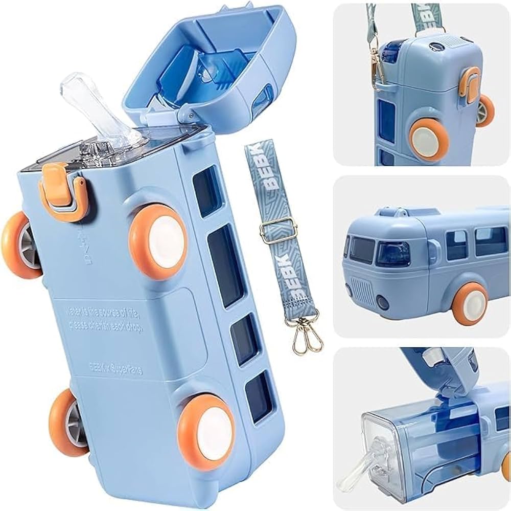 Bus Water Bottle | Straw and Strap - Leakproof Plastic Drinking Jug | Movable Wheels for Boys School Sports Camping Picnic Hiking Travel
