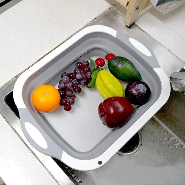4 in 1 Silicon Based Kitchen Foldable Cutting, Chopping Board | Collapsible Dish Tub | Vegetable | Fruit Washing | Draining Basket with Plug | Folding Washbasin