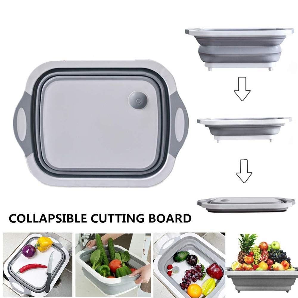 4 in 1 Silicon Based Kitchen Foldable Cutting, Chopping Board | Collapsible Dish Tub | Vegetable | Fruit Washing | Draining Basket with Plug | Folding Washbasin