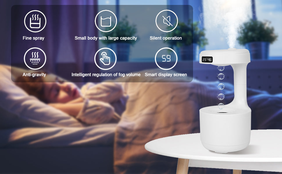 Anti-Gravity Water Droplet Cool Mist Humidifier with Light Mode, Shutdown Protection, USB Powered, White, 800ML, Automatic
