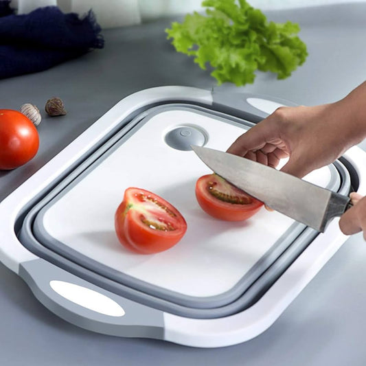 4 in 1 Silicon Based Kitchen Foldable Cutting, Chopping Board | Collapsible Dish Tub | Vegetable | Fruit Washing | Draining Basket with Plug | Folding Washbasin