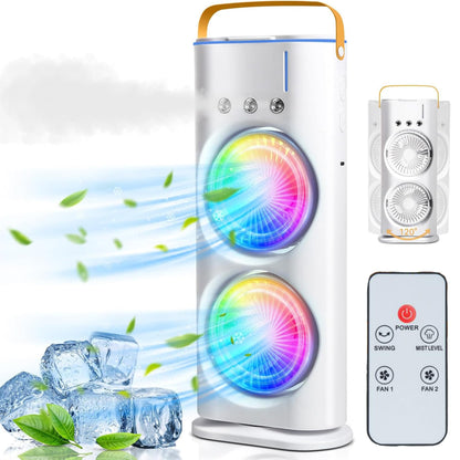 Mist Fan with Humidifier, Remote Control, Mini Cooler For Home With 3 Speed Mode, Oscillating Swing LED Independent Control Dual Fan, Mist Fan With Water Spray, Multi Color