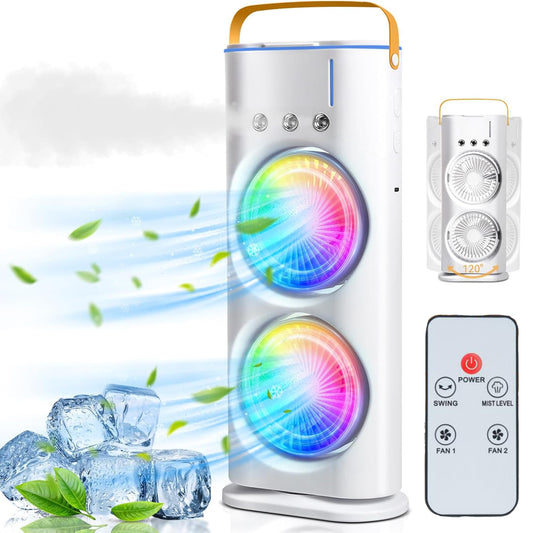 Mist Fan with Humidifier, Remote Control, Mini Cooler For Home With 3 Speed Mode, Oscillating Swing LED Independent Control Dual Fan, Mist Fan With Water Spray, Multi Color