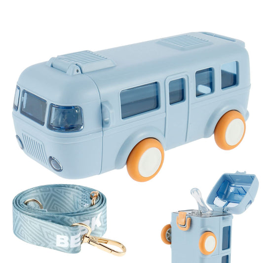 Bus Water Bottle | Straw and Strap - Leakproof Plastic Drinking Jug | Movable Wheels for Boys School Sports Camping Picnic Hiking Travel