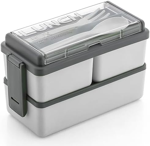 Lunch Box With 3 Compartments, Bento Box for Adults/Kids/Toddlers, Leak-Proof Container With Fork, Microwave/Dishwasher/Freezer Safe (Grey)