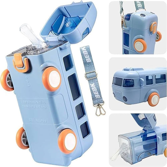 Bus Water Bottle | Straw and Strap - Leakproof Plastic Drinking Jug | Movable Wheels for Boys School Sports Camping Picnic Hiking Travel