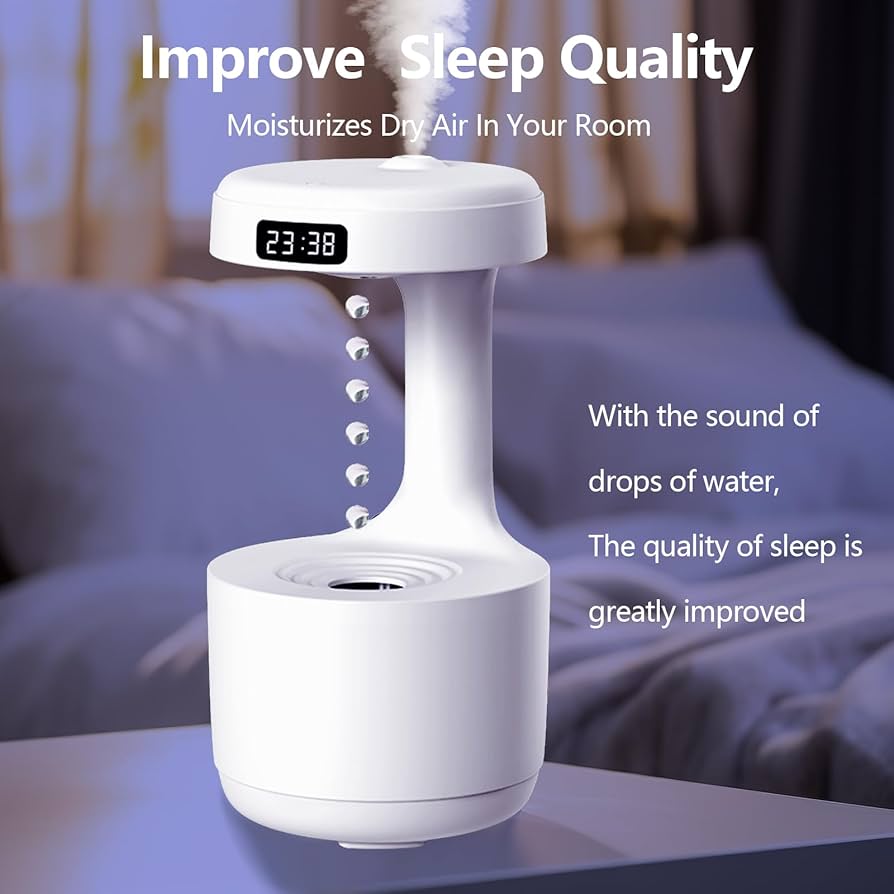 Anti-Gravity Water Droplet Cool Mist Humidifier with Light Mode, Shutdown Protection, USB Powered, White, 800ML, Automatic