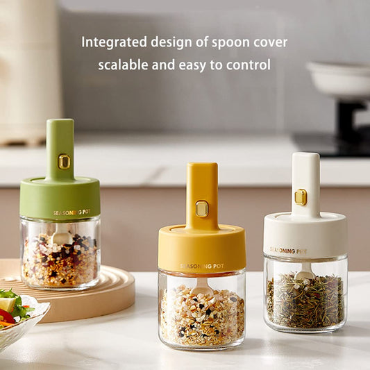 Condiment Jar, Water-Proof Spice Jars with LID Retractable Spoon, Heat-Resistant, Integrated Design for Storing Salt, Sugar, Peppers, Chili in Kitchen(size:250ml)